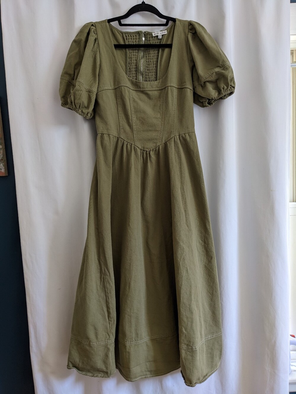Moon River Olive Green Puff Sleeve Corset Midi Dress Small Cottage Prairie